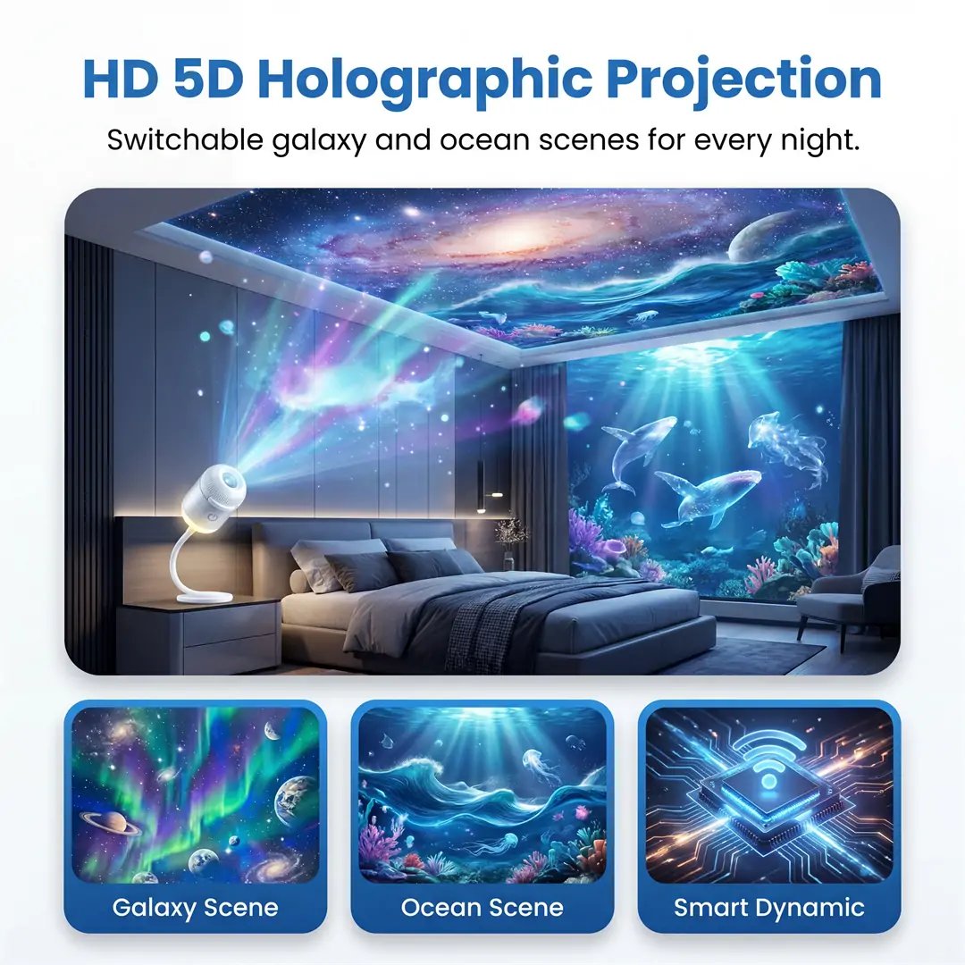 🌌 HD Smart Dynamic 5D Holographic Night Light Projector 🌠